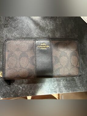 Coach Black and Brown Logo Zip Wallet in Signature Canvas